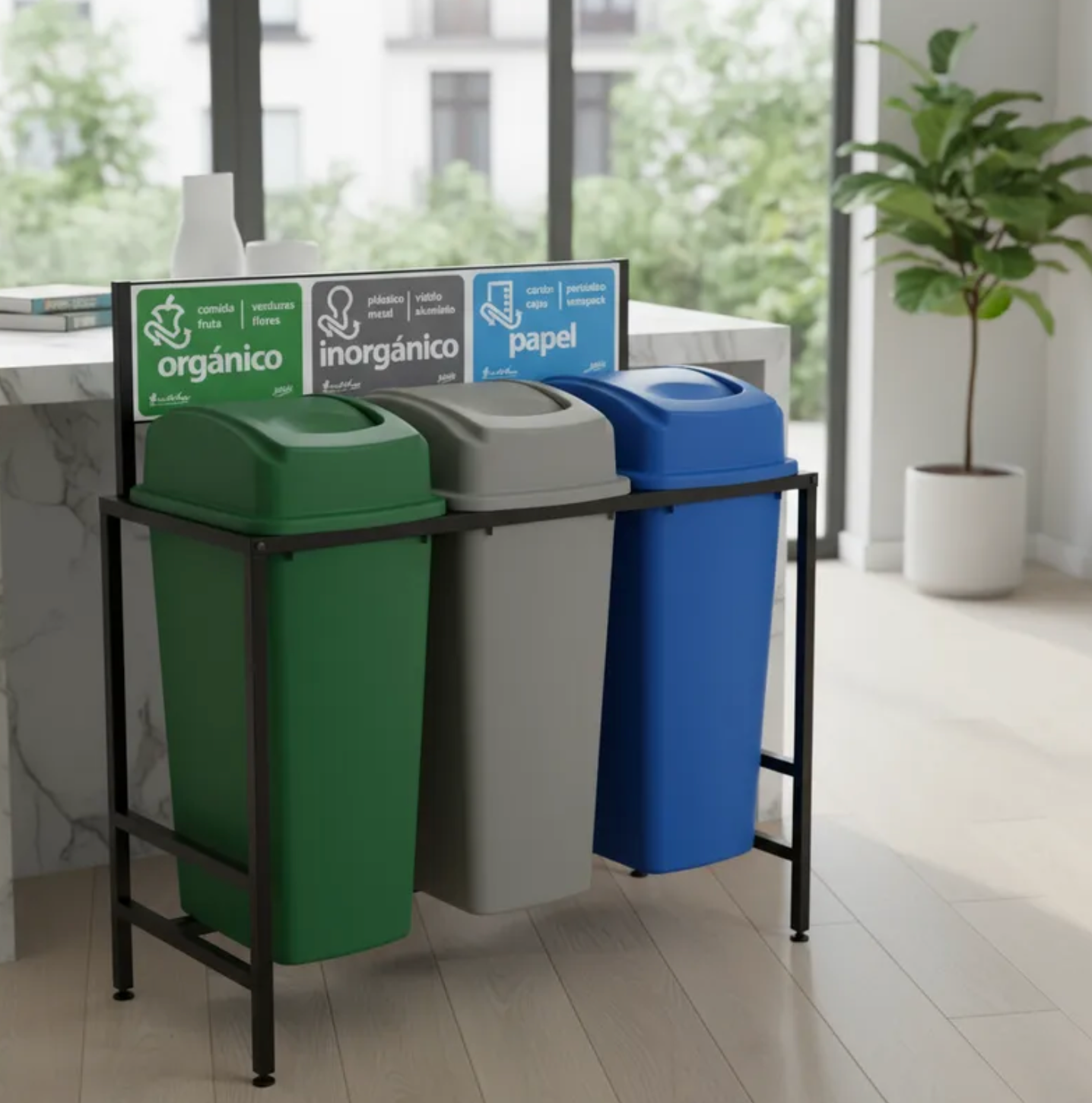 Estación De Reciclaje 3 Botes De 65 Lt Estructura Desarmable